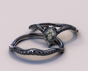 Moss Agate Teardrop Ring With Black Diamonds