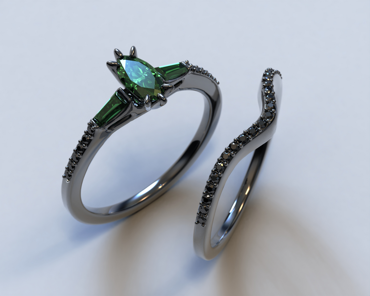 Black Gold Emerald Engagement Ring Set - Art Deco Style