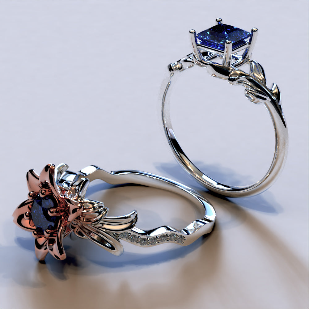 Blue Sapphire white gold engagement Ring