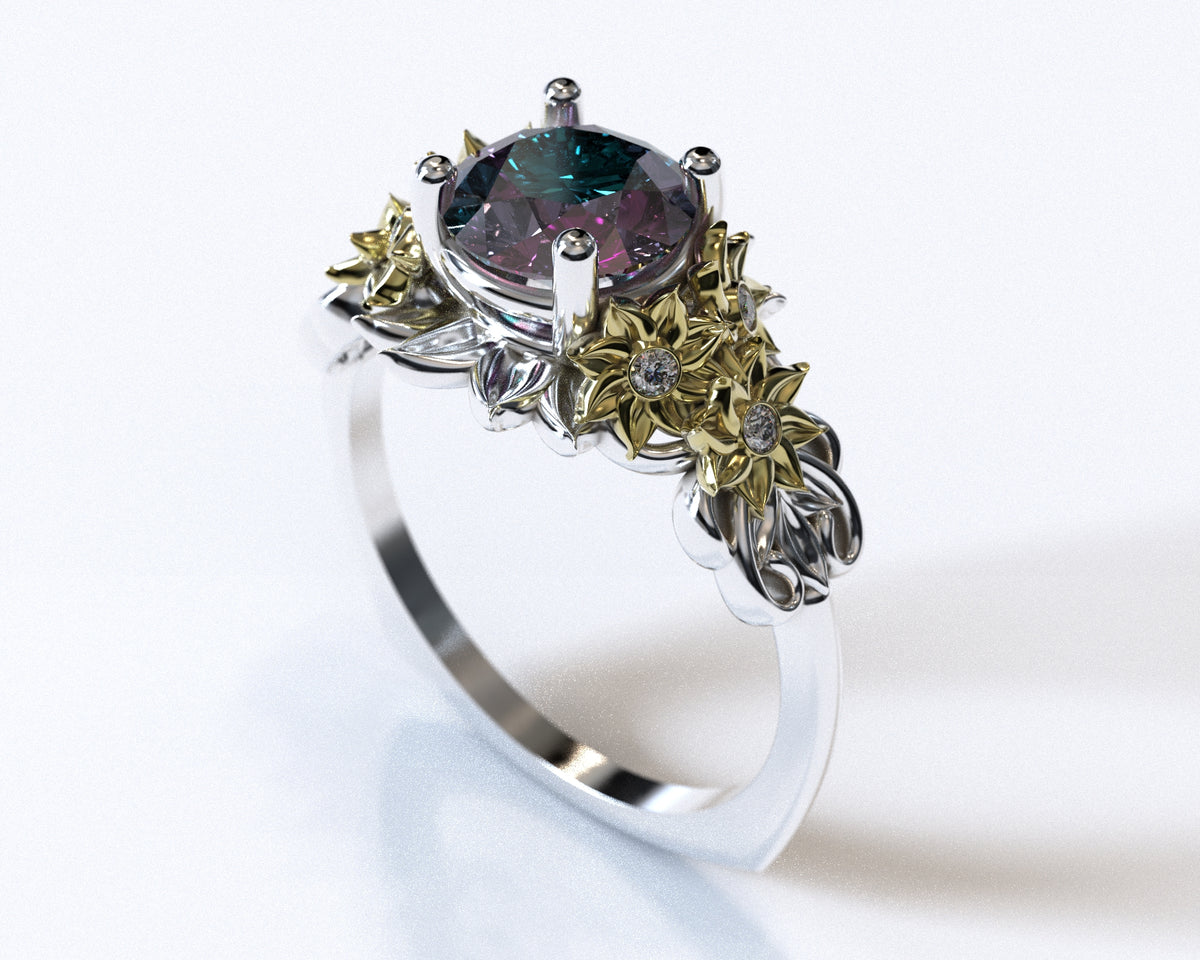 Two Tone Alexandrite Flower Engagement Ring