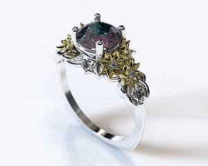 Two Tone Alexandrite Flower Engagement Ring