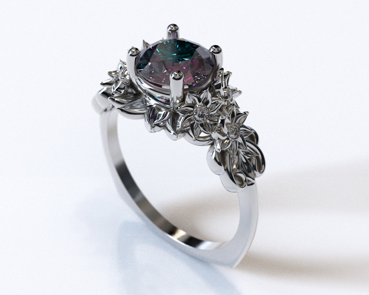 Two Tone Alexandrite Flower Engagement Ring