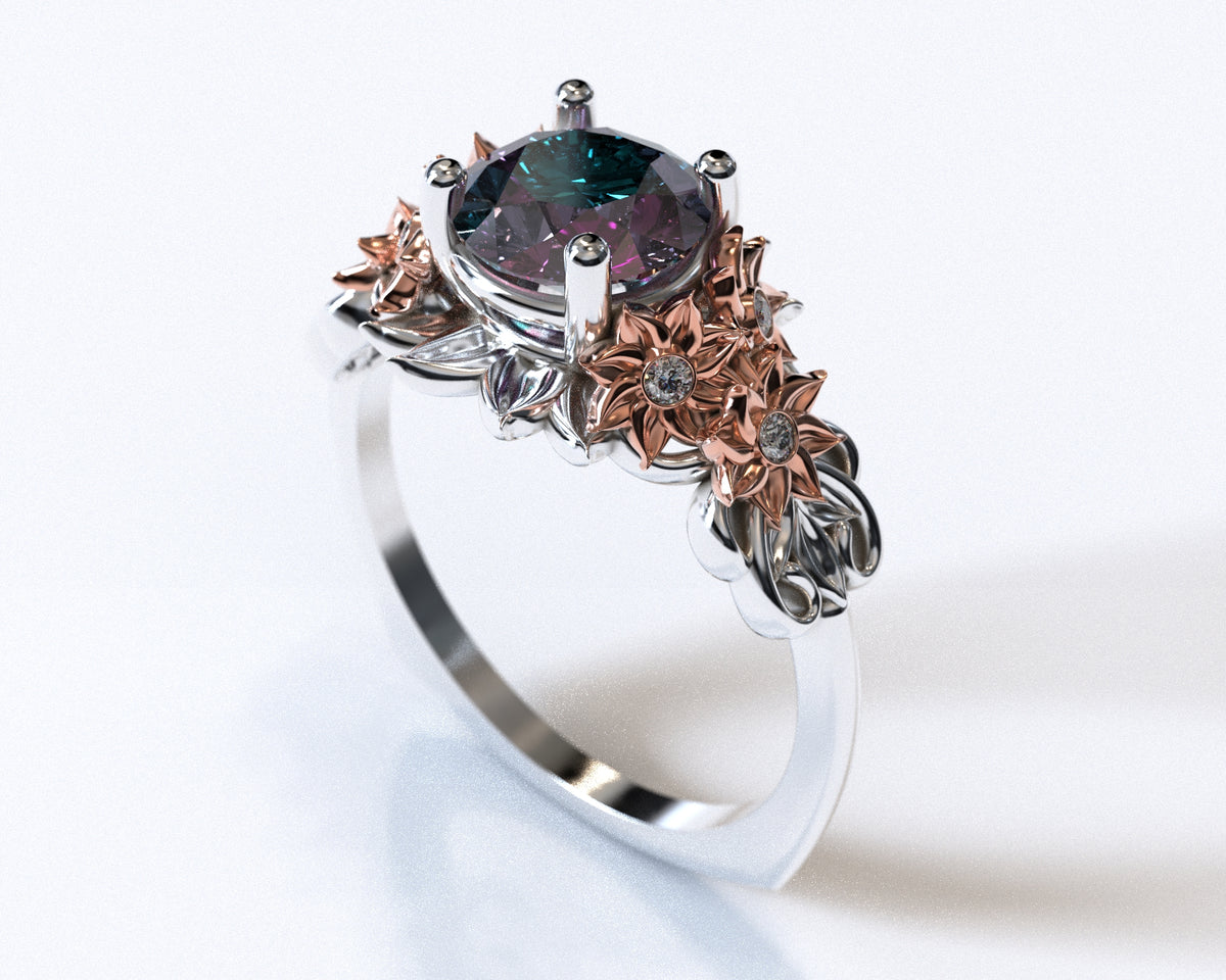Two Tone Alexandrite Flower Engagement Ring