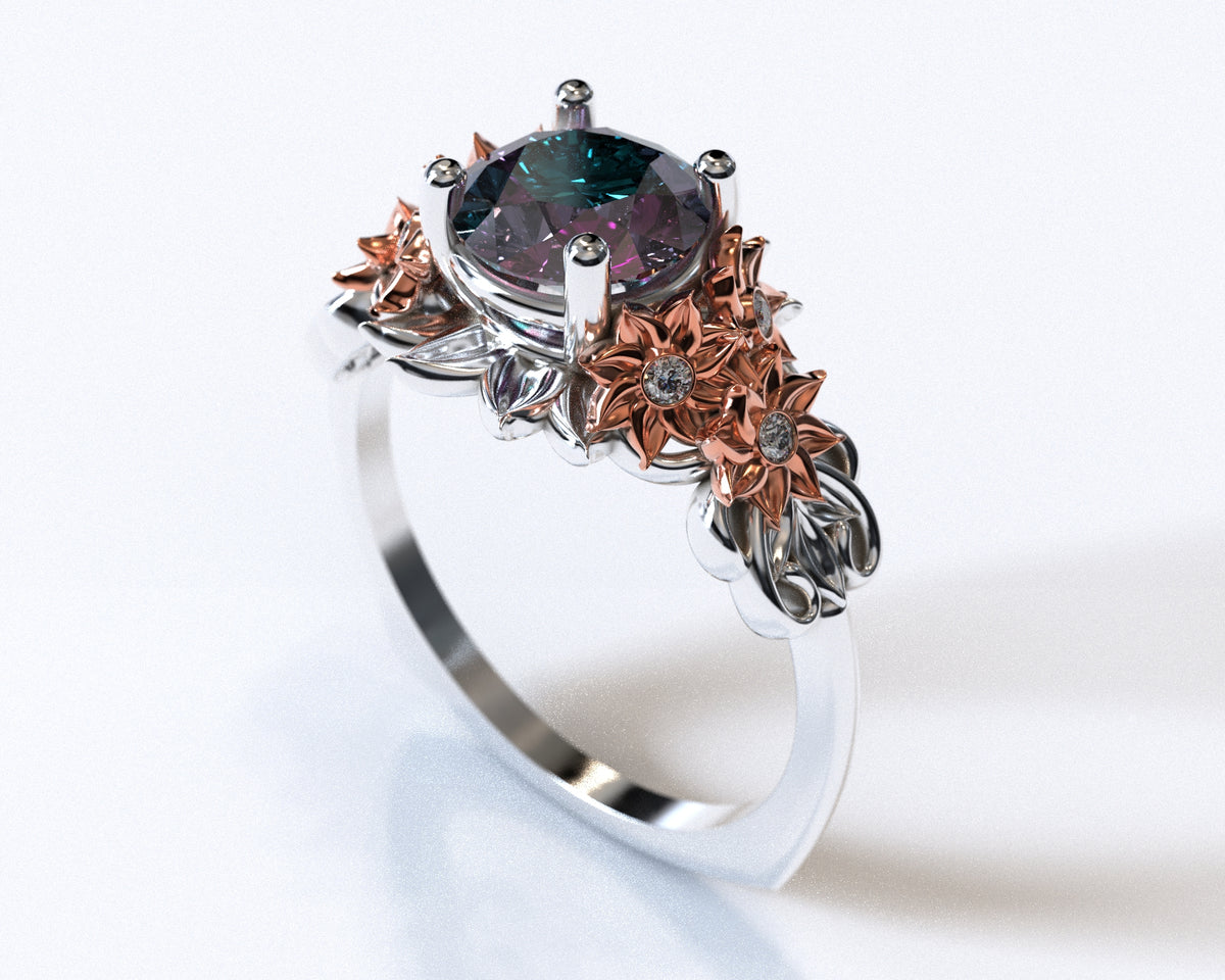 Two Tone Alexandrite Flower Engagement Ring