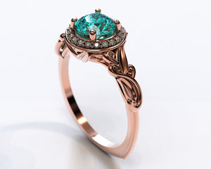 Flower Halo Aquamarine Engagement Ring