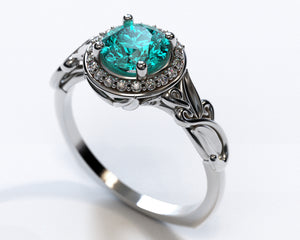 Flower Halo Aquamarine Engagement Ring