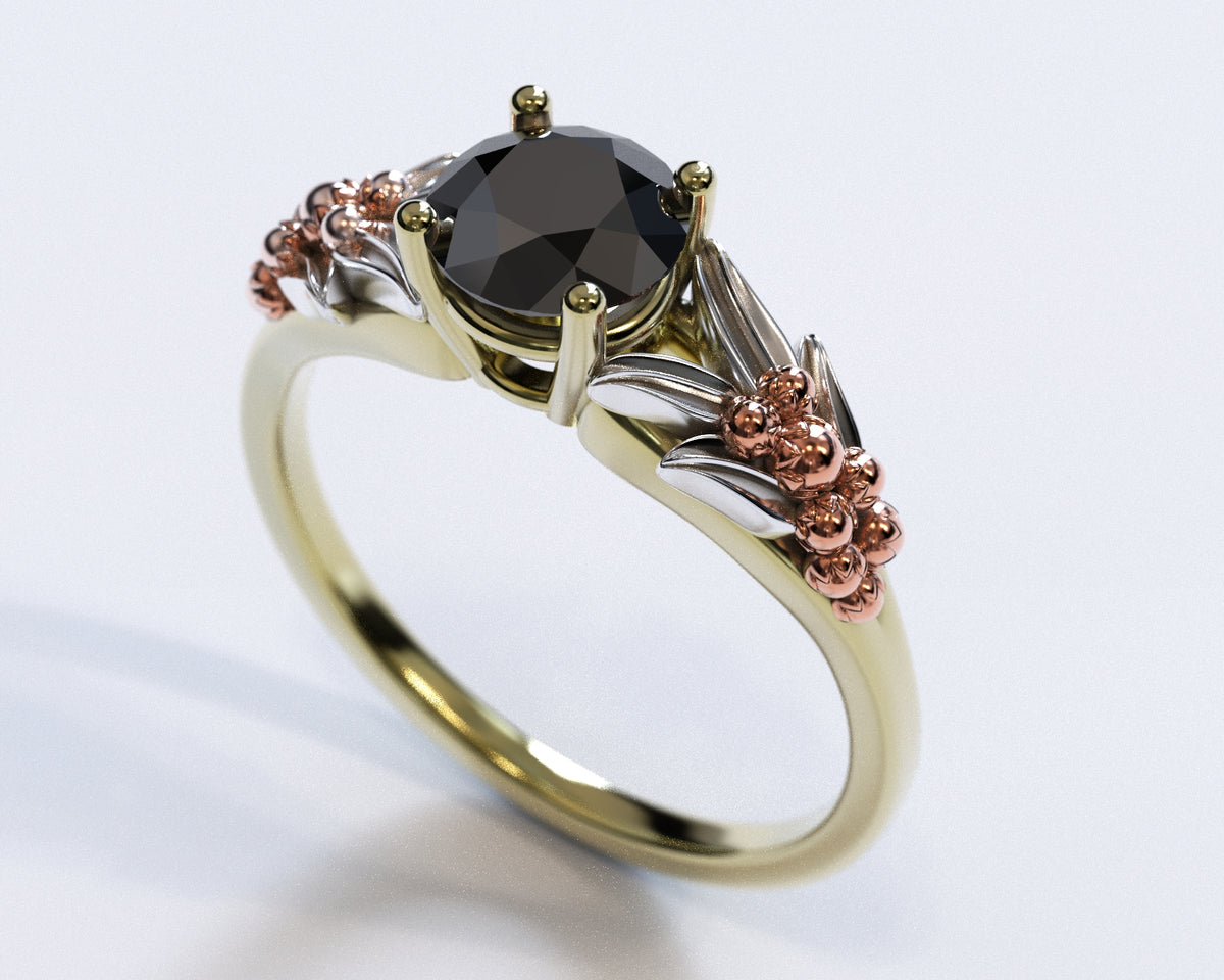 Black Diamond Three Tone Gold Flower Engagement Ring