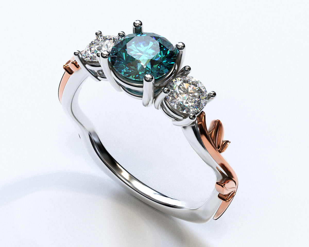 Unique 3 Stone Teal Sapphire Engagement Ring