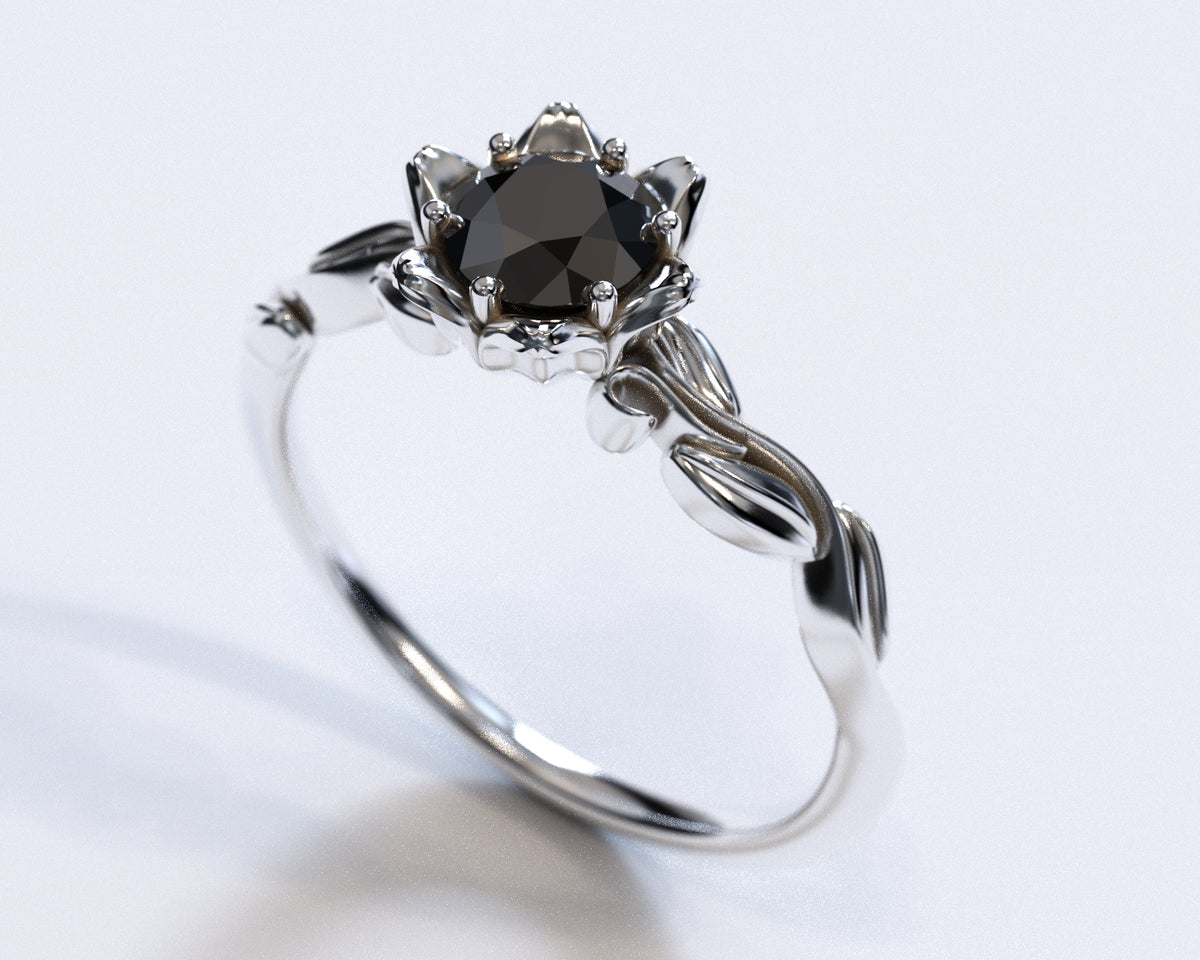 Black Diamond Floral Engagement Ring With Leaves