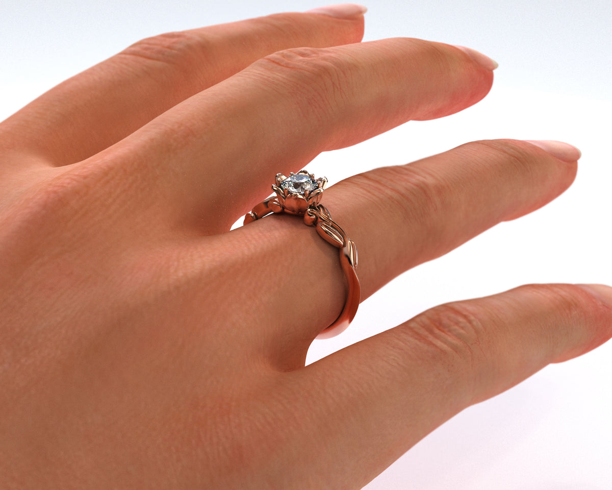 Unique Floral Halo Rose Gold  Engagement Ring