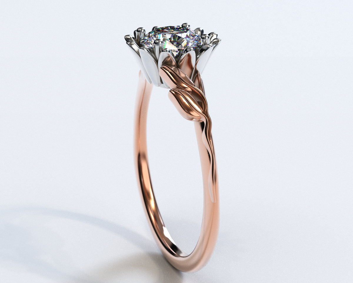 Floral Two Tone Gold Halo Moissanite Engagement Ring