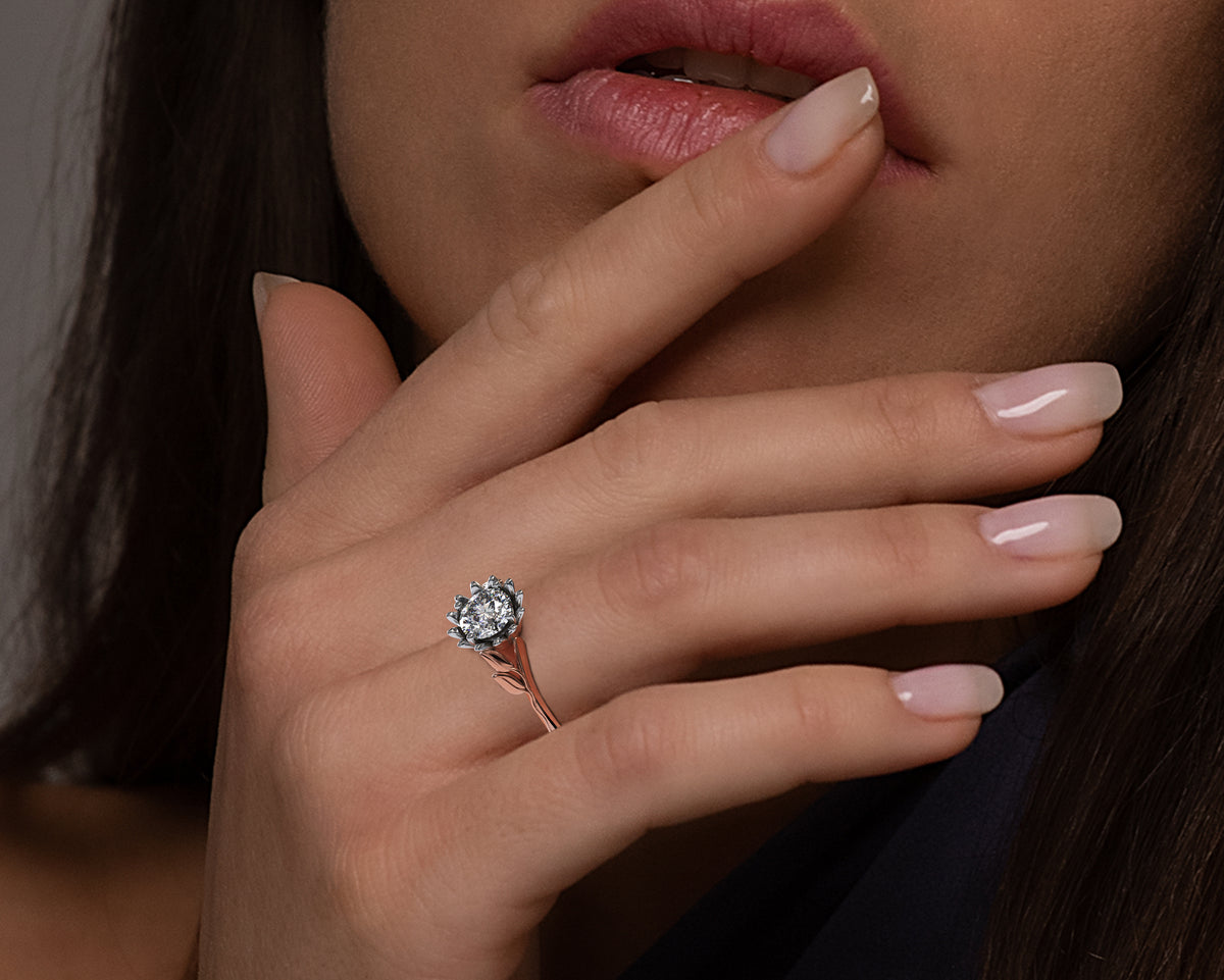 Floral Two Tone Gold Halo Moissanite Engagement Ring