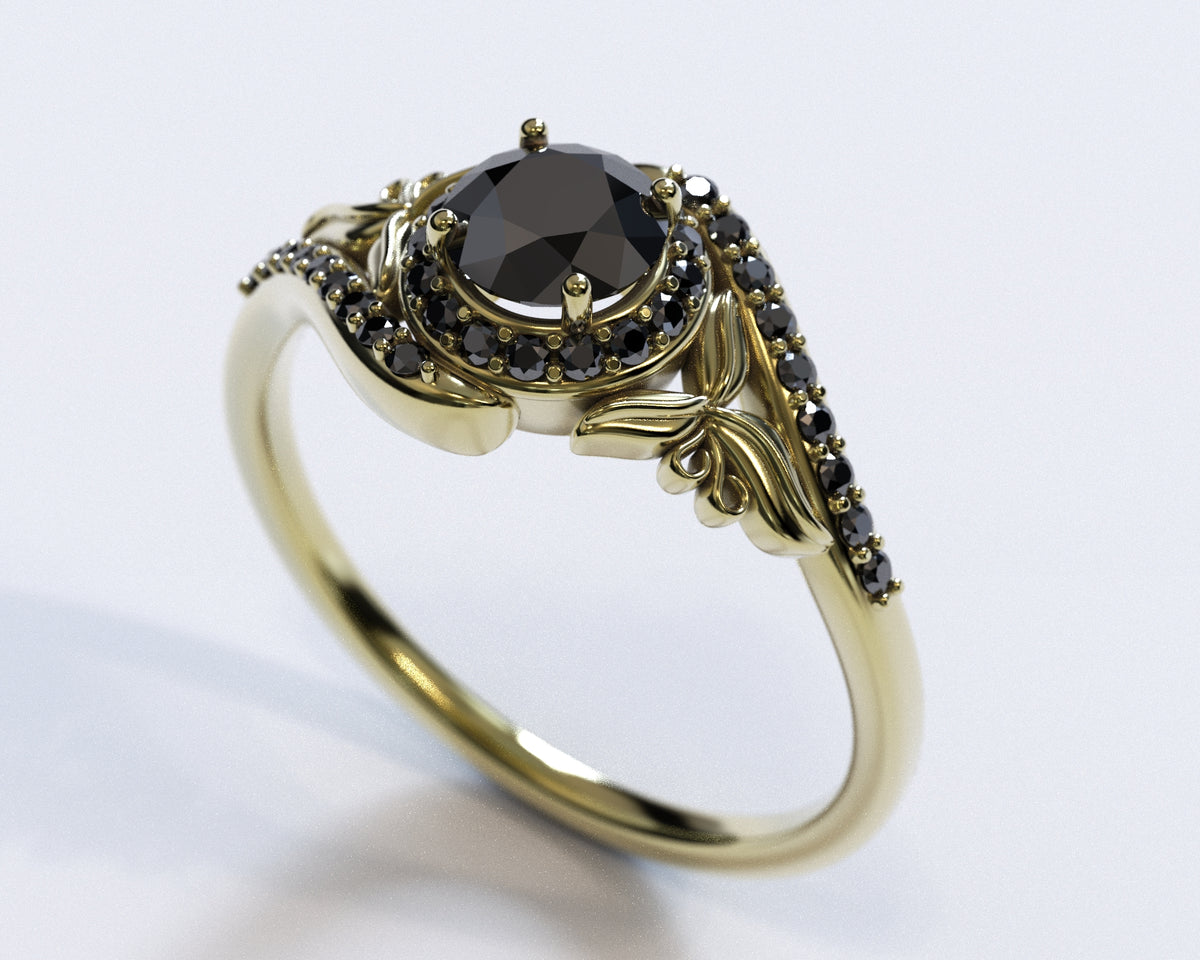 Unique Flower Engagement Ring with Black Diamond