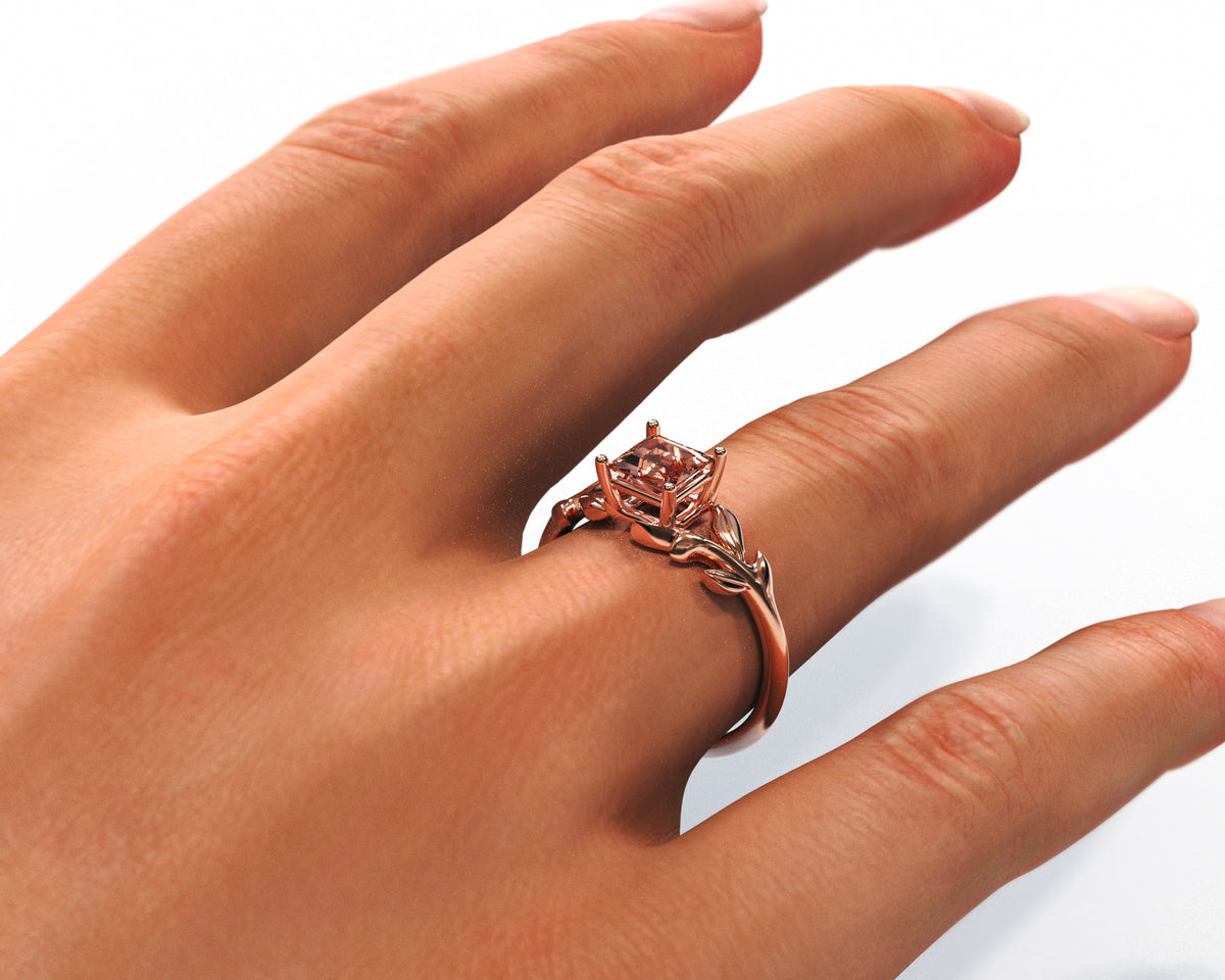 Unique Flower Morganite Engagement Ring With Leaves