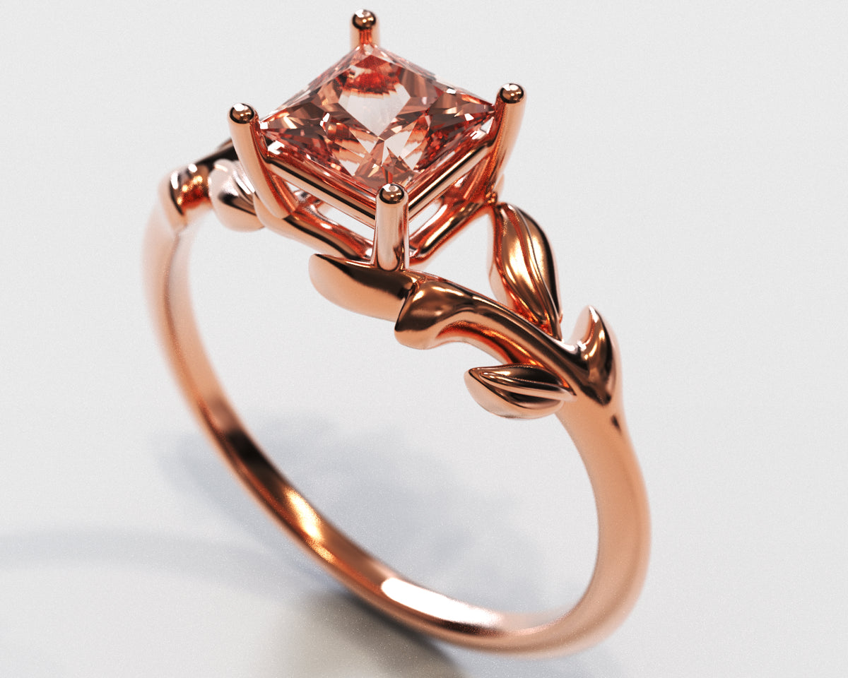 Unique Flower Morganite Engagement Ring With Leaves