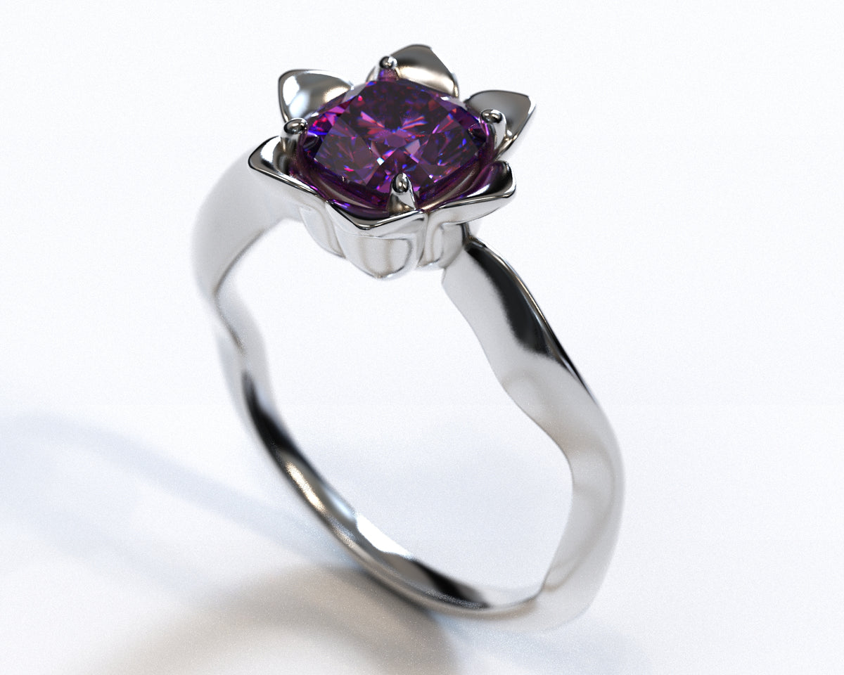 Unique Amethyst Cushion Cut Flower Engagement Ring