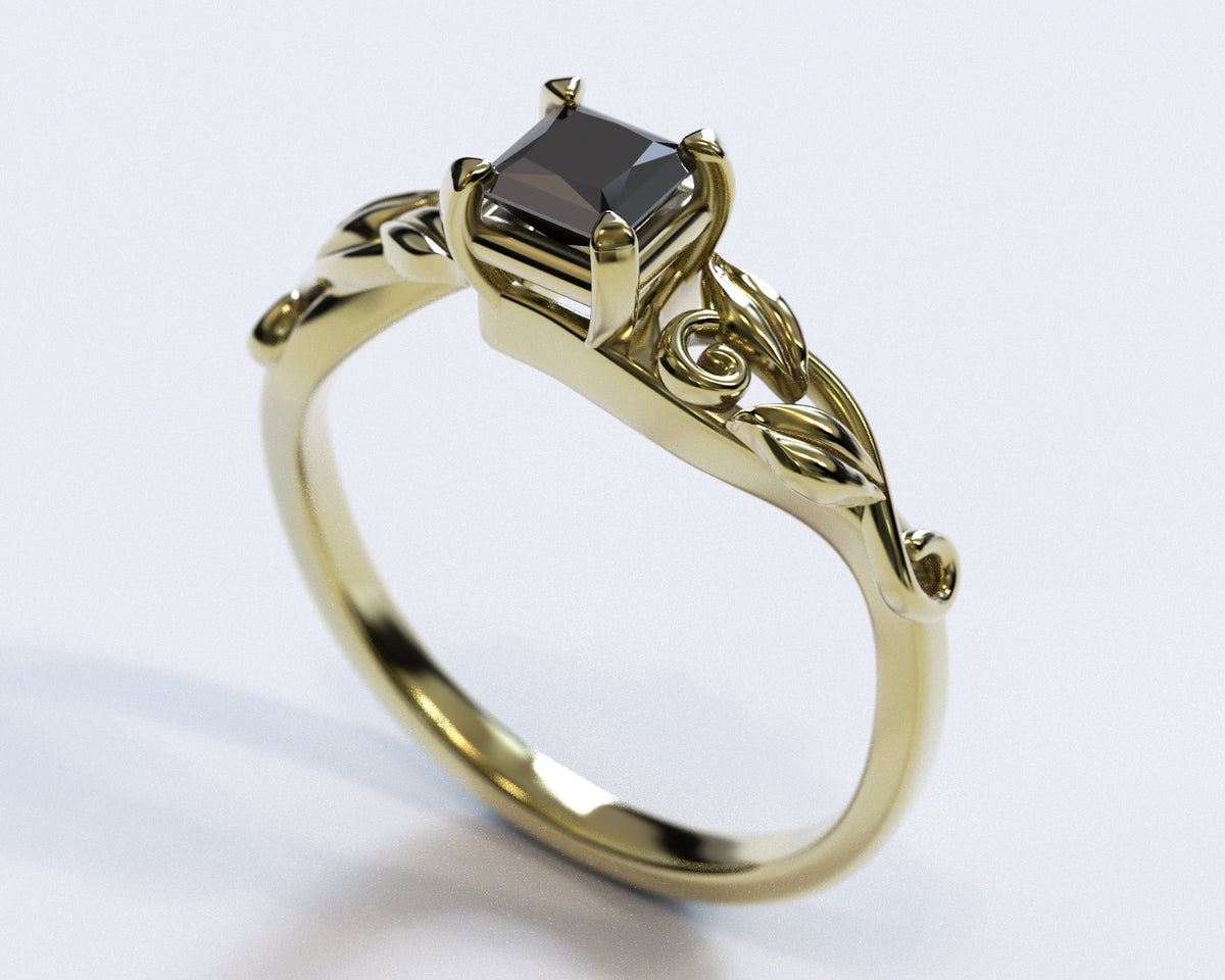 Unique Flower Princess Cut Engagement Ring With Black Diamond