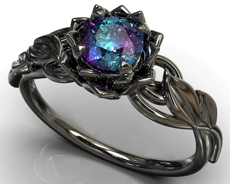Floral Alexandrite Engagement Ring 14K Black Gold