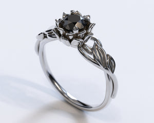 Lotus Floral Black Diamond Engagement Ring With Leaves