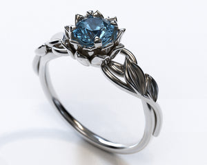 Unique Blue Diamond Lotus Flower Engagement Ring