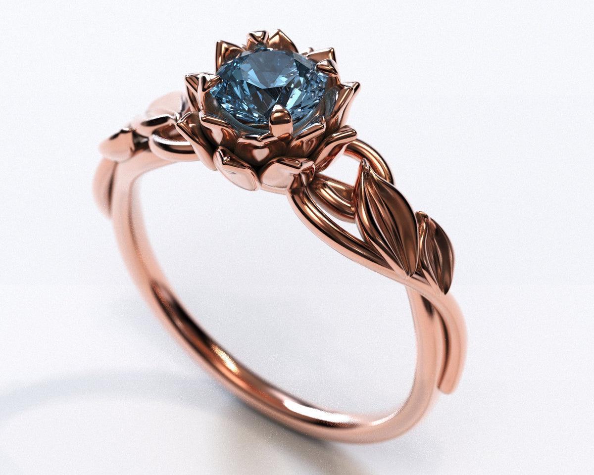 Unique Blue Diamond Lotus Flower Engagement Ring