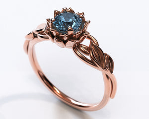 Unique Blue Diamond Lotus Flower Engagement Ring