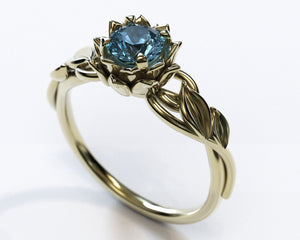 Unique Blue Diamond Lotus Flower Engagement Ring