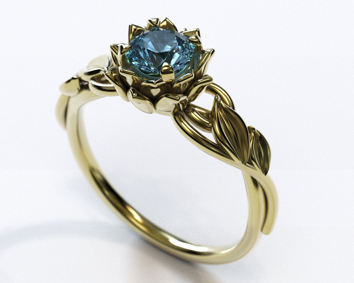 Unique Blue Diamond Lotus Flower Engagement Ring