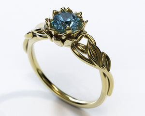 Unique Blue Diamond Lotus Flower Engagement Ring