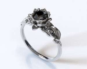 Lotus Flower Black Diamond Engagement Ring With Leaves