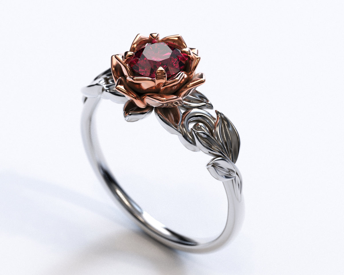 Unique Lotus Flower Ruby Engagement Ring