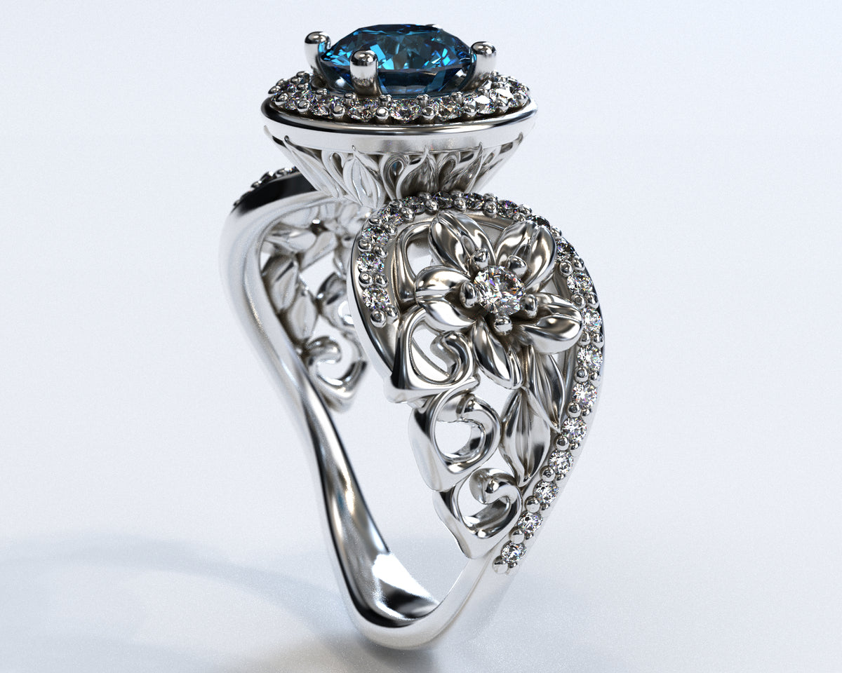 Blue Diamond Flower Engagement Ring