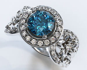 Blue Diamond Flower Engagement Ring