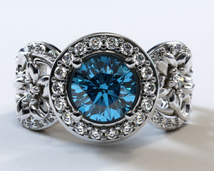 Blue Diamond Flower Engagement Ring