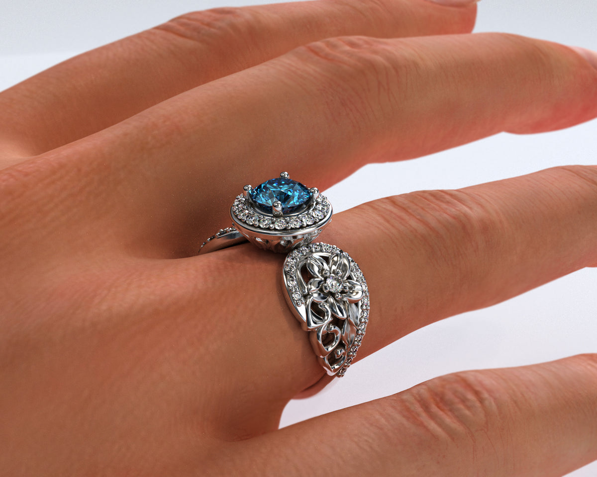 Blue Diamond Flower Engagement Ring