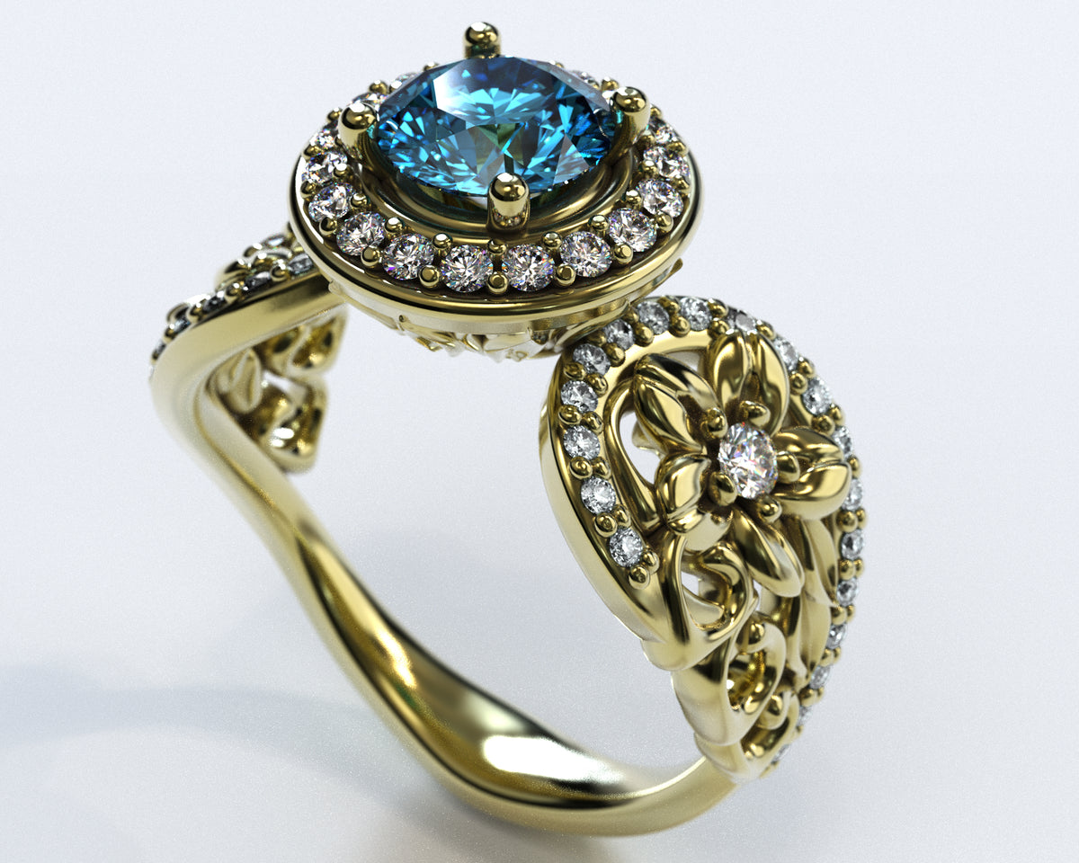 Blue Diamond Flower Engagement Ring