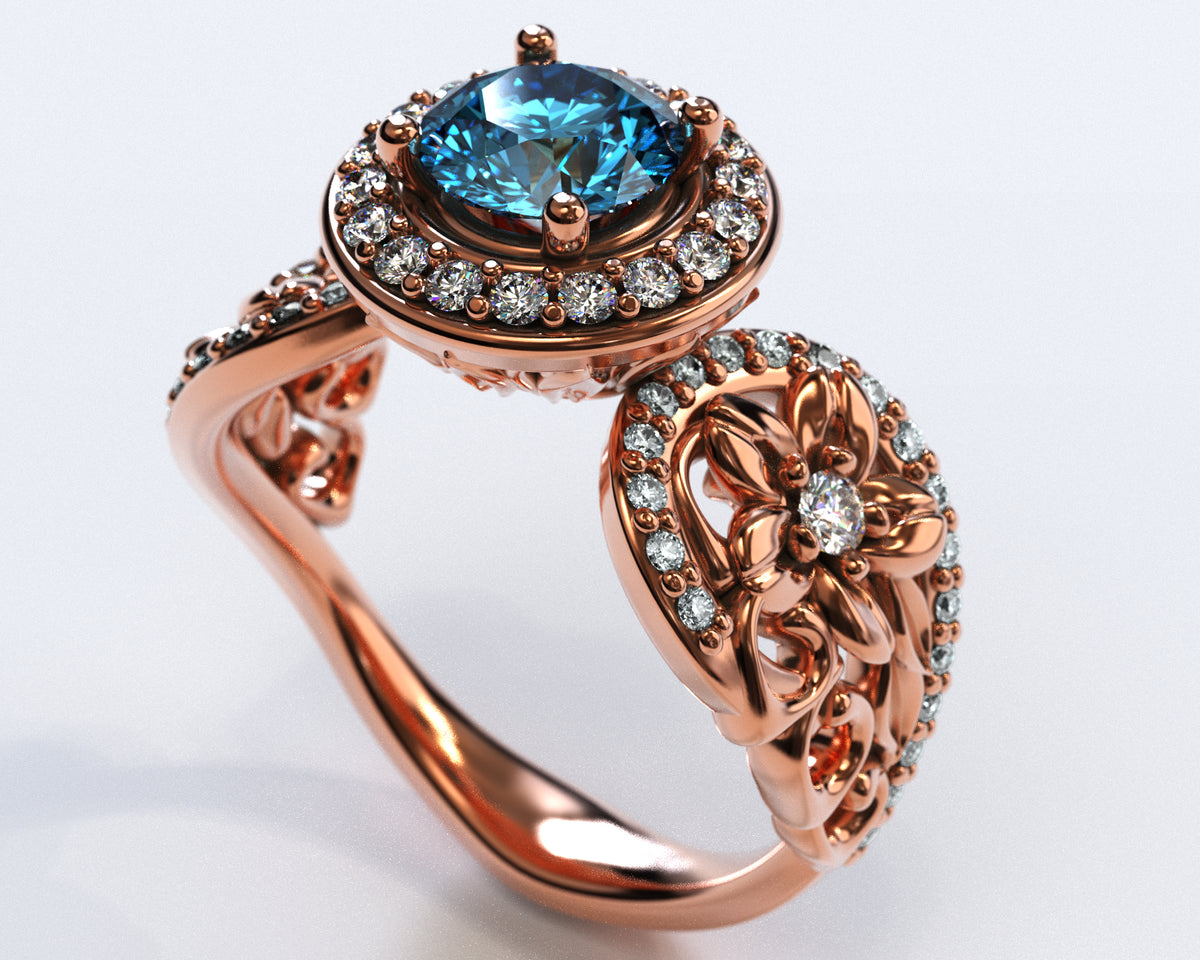 Blue Diamond Flower Engagement Ring