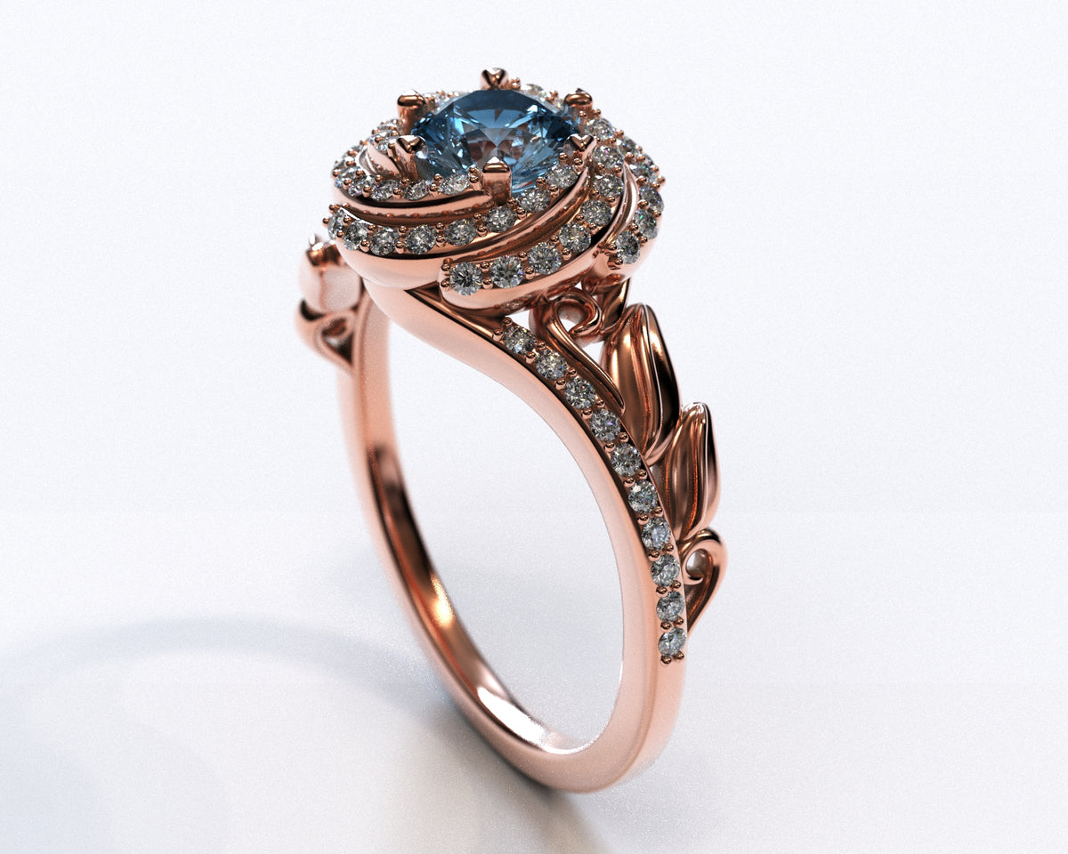Unique Blue Diamond Engagement Ring With Leaves
