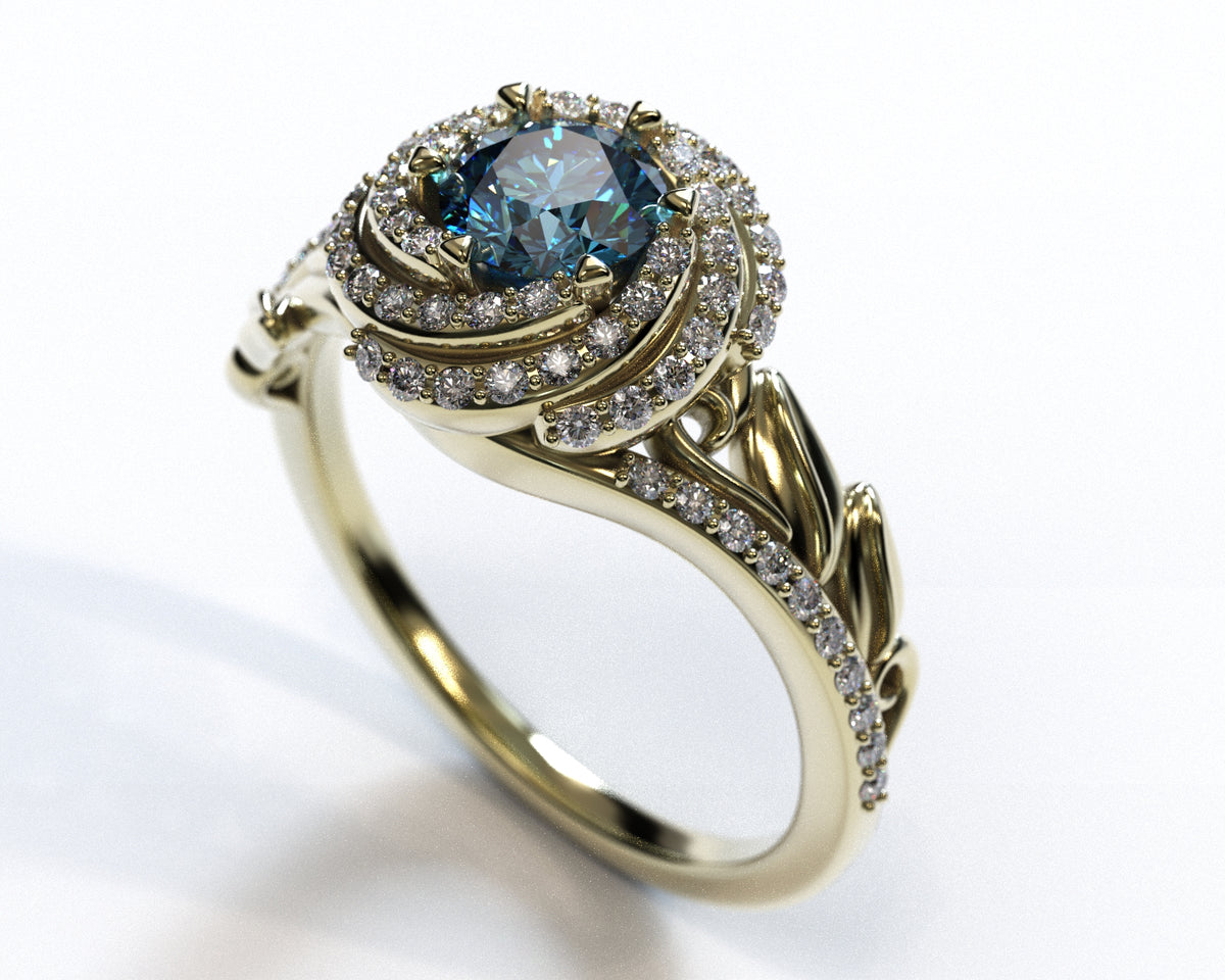 Unique Blue Diamond Engagement Ring With Leaves