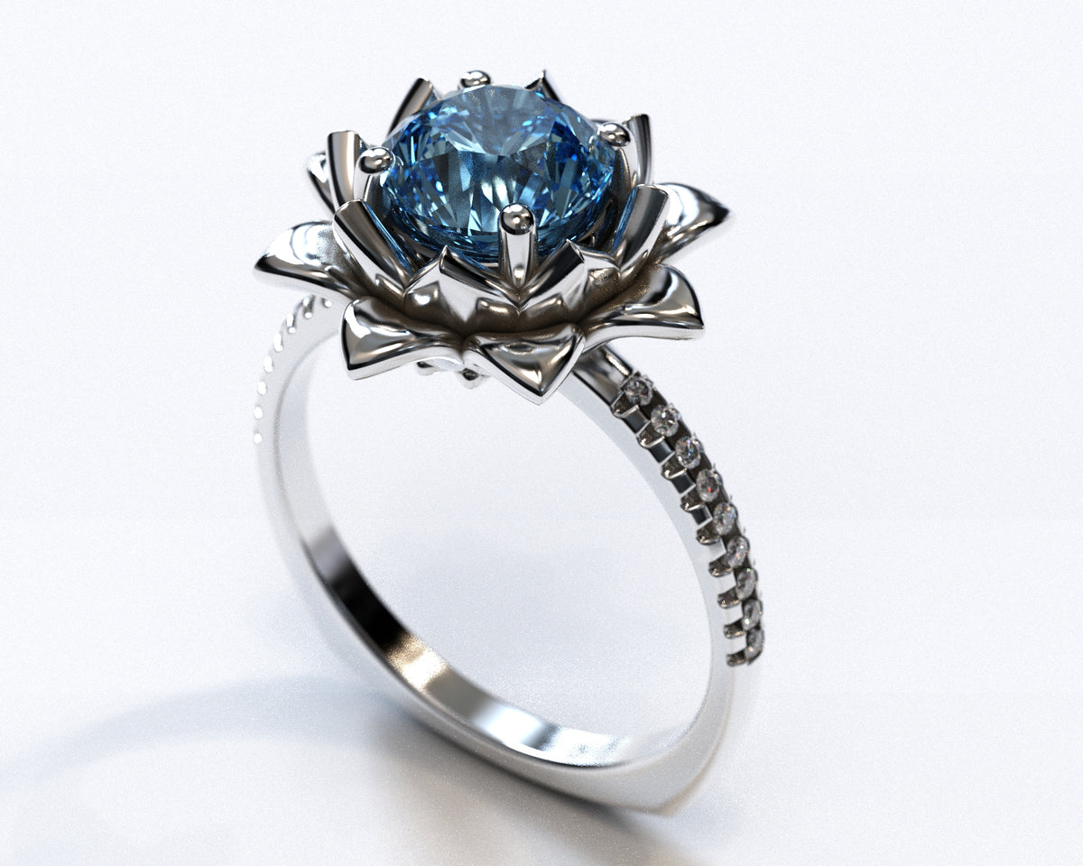 Floral Blue Topaz Engagement Ring With Leaves