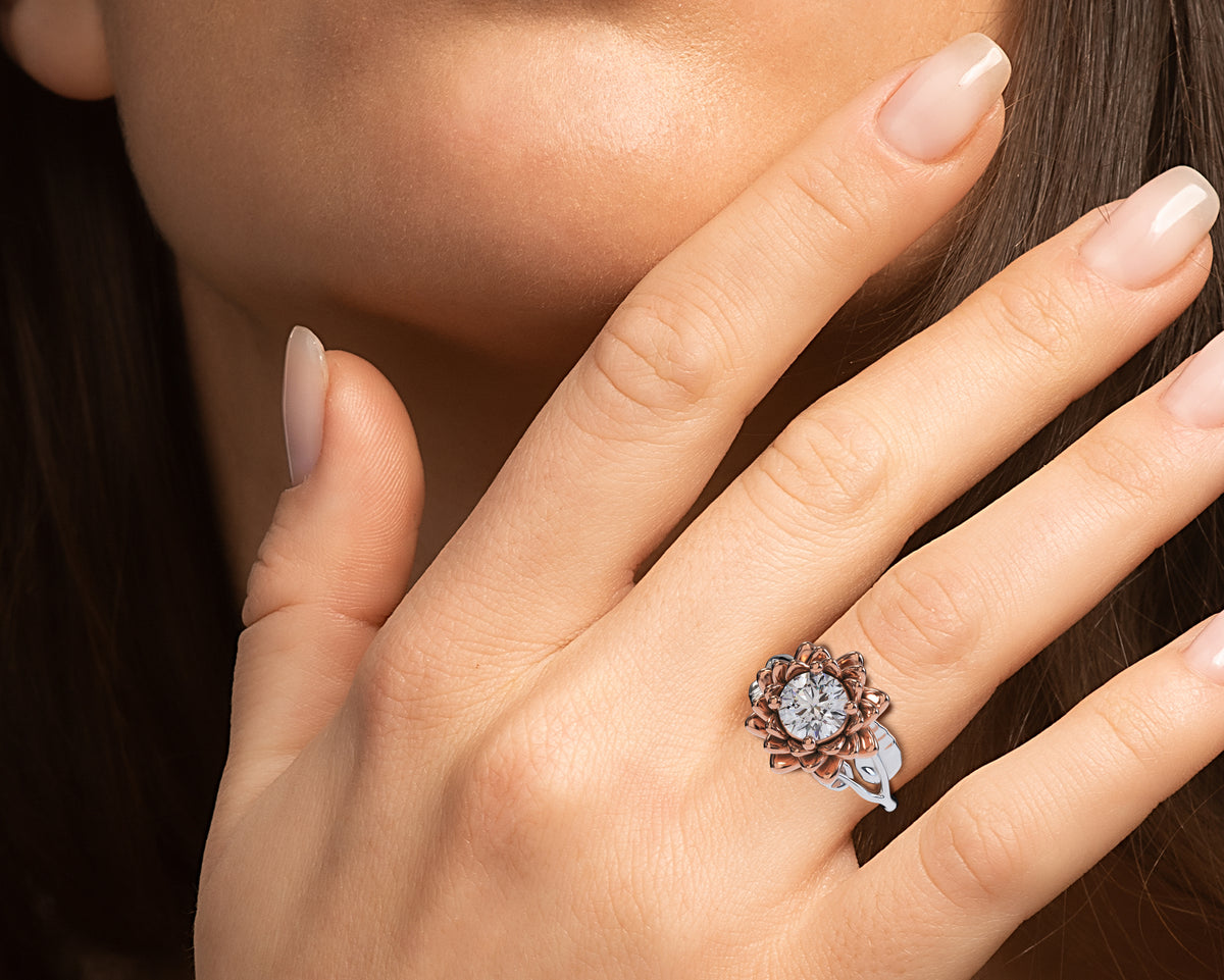 Flower Moissanite Engagement Ring Two Tone Gold
