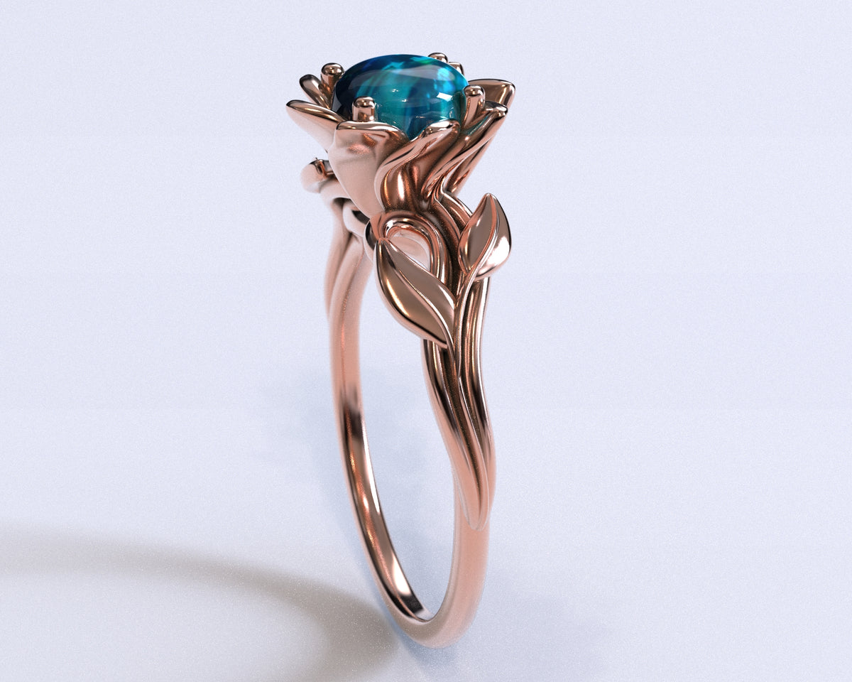 Opal Flower Engagement Ring With Leaves