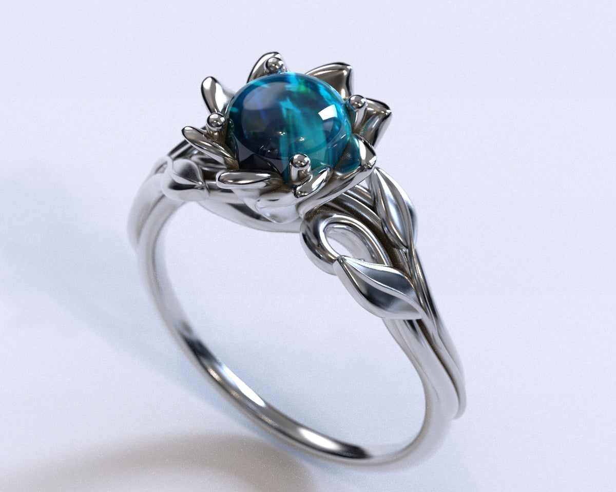 Opal Flower Engagement Ring With Leaves