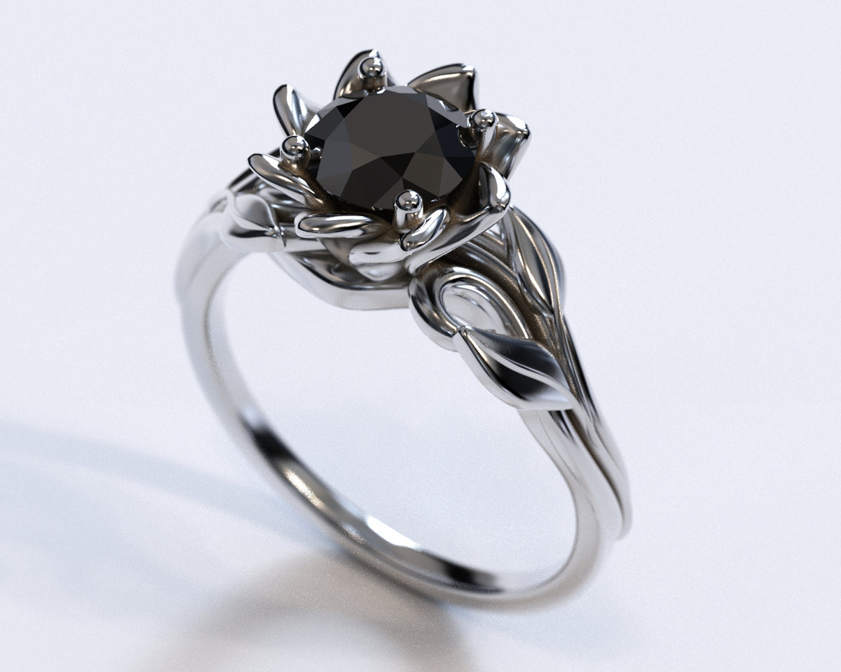 Black Diamond Solitaire Flower Engagement Ring
