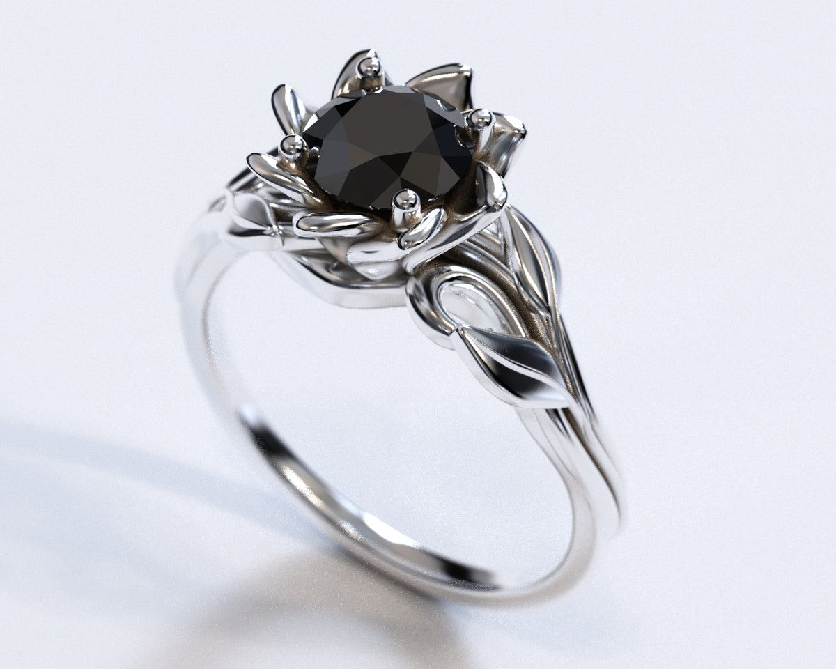 Black Diamond Solitaire Flower Engagement Ring