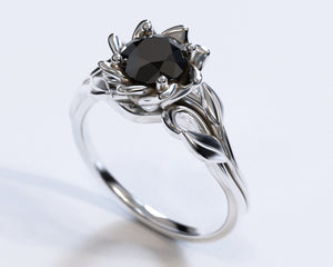 Black Diamond Solitaire Flower Engagement Ring