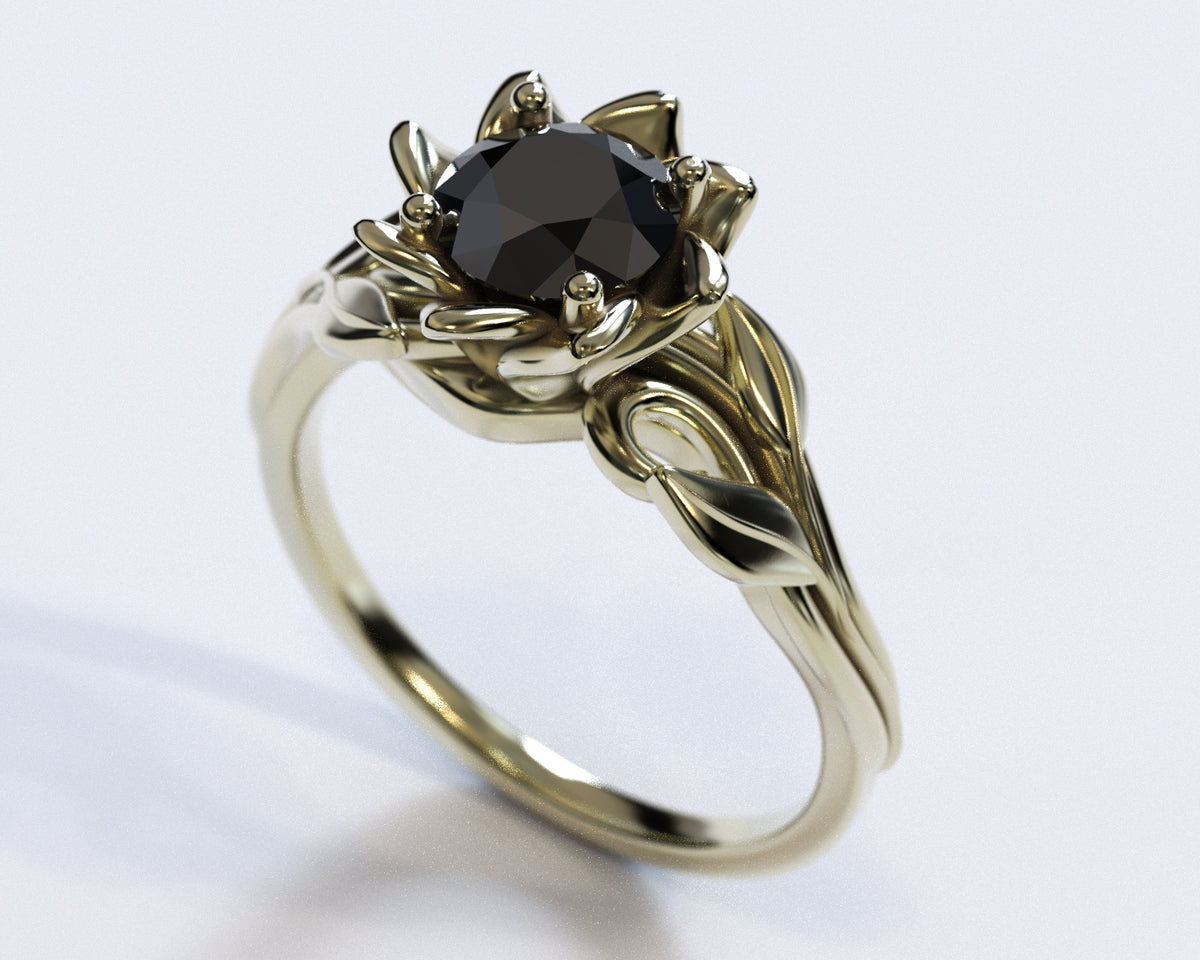 Black Diamond Solitaire Flower Engagement Ring