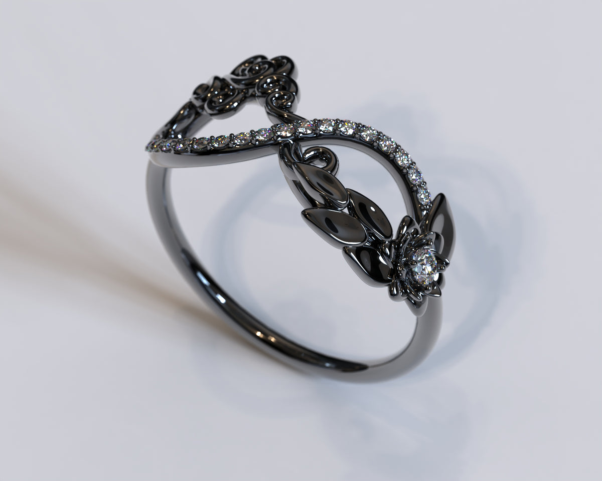 Black Flower Infinity With Black Diamond Wedding Ring For Women