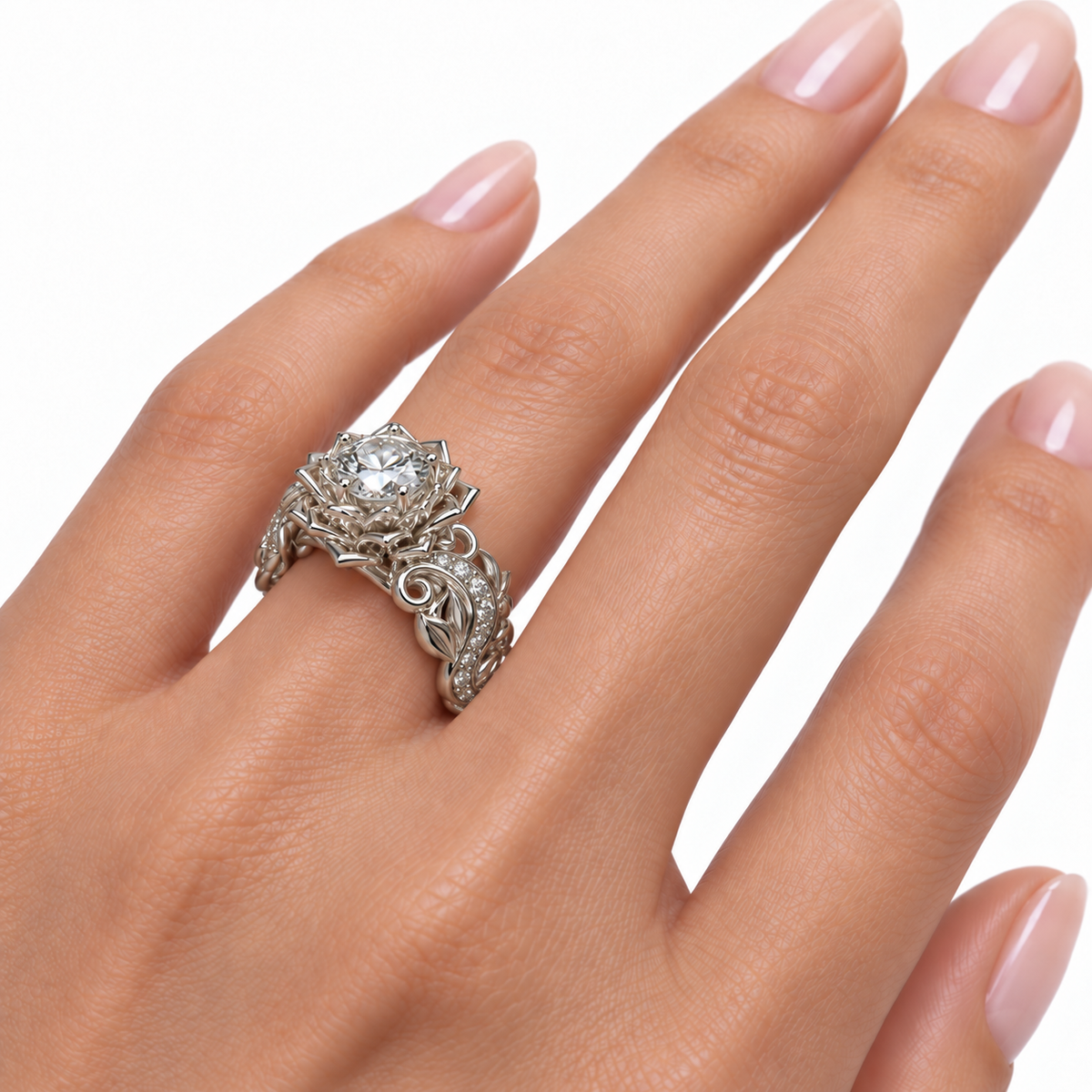 Unique Diamond Lotus Flower Engagement Ring openwork side detail on hand