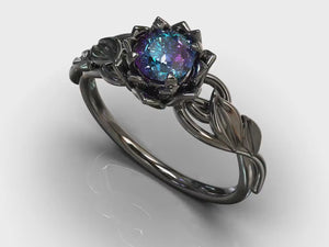 Floral Alexandrite Engagement Ring 14K Black Gold